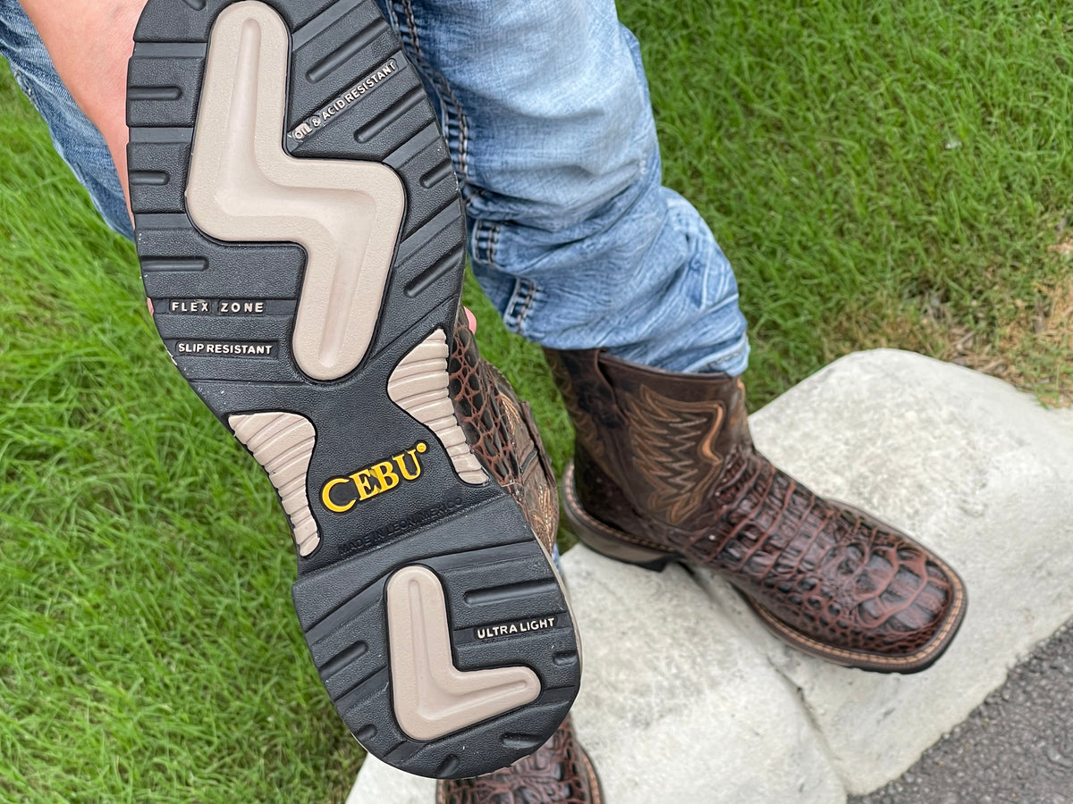 MEN'S STEEL TOE WORK BOOTS ALLIGATOR PRINT BROWN BLACK SQUARE TOE OIL  RESISTANT