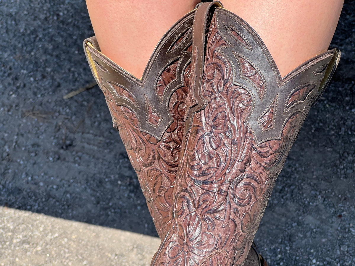 Women’s Brown Hand-Tooled Leather Boots with Red and Beige Floral Embroidery 5