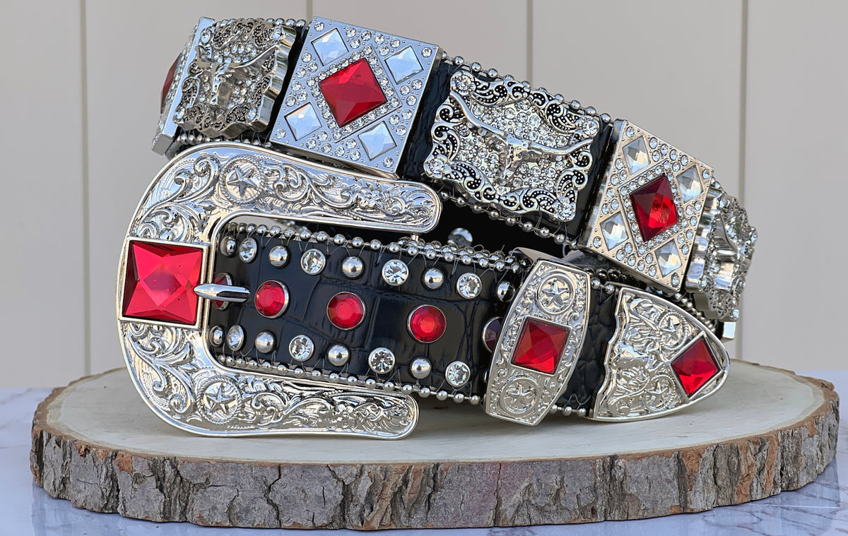 Western Black Leather Belt With Mexico Flag Rhinestones – Texas