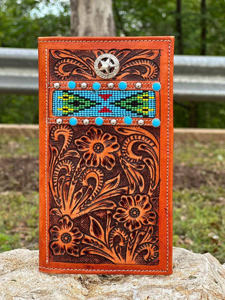 Cognac Artesanal Long Wallet With Turquoise Beaded – Texas Boot Ranch