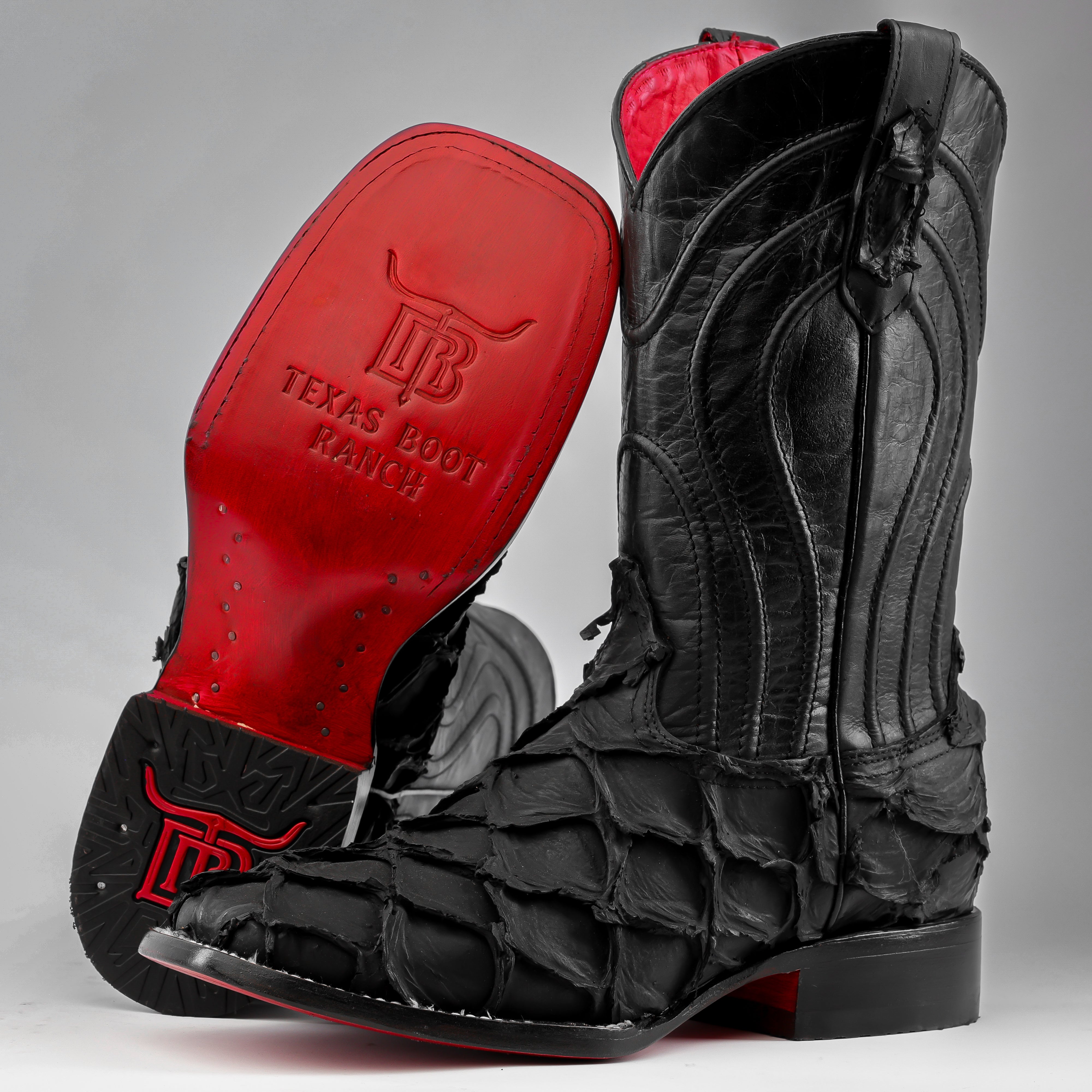 Matte Black Jumbo Pirarucu Leather Boots - Square Toe (TCY