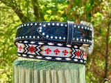 Black Hand-Tooled Artesanal Tabs With Silver Studs. Black, White and Red Beaded Leather Belt