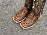Men’s Honey Hand-Tooled Leather Boots With Brown Shaft
