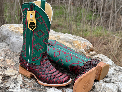 Men’s Red Python Leather Boots With Green Shaft