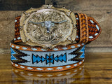 Hand-Tooled Artesanal Tabs With White and Light Blue Beaded Leather Belt ( Read Description Before Ordering)