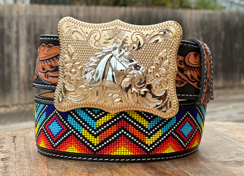 Hand-Tooled Artesanal Tabs With Multicolor Aztec Beaded Leather Belt