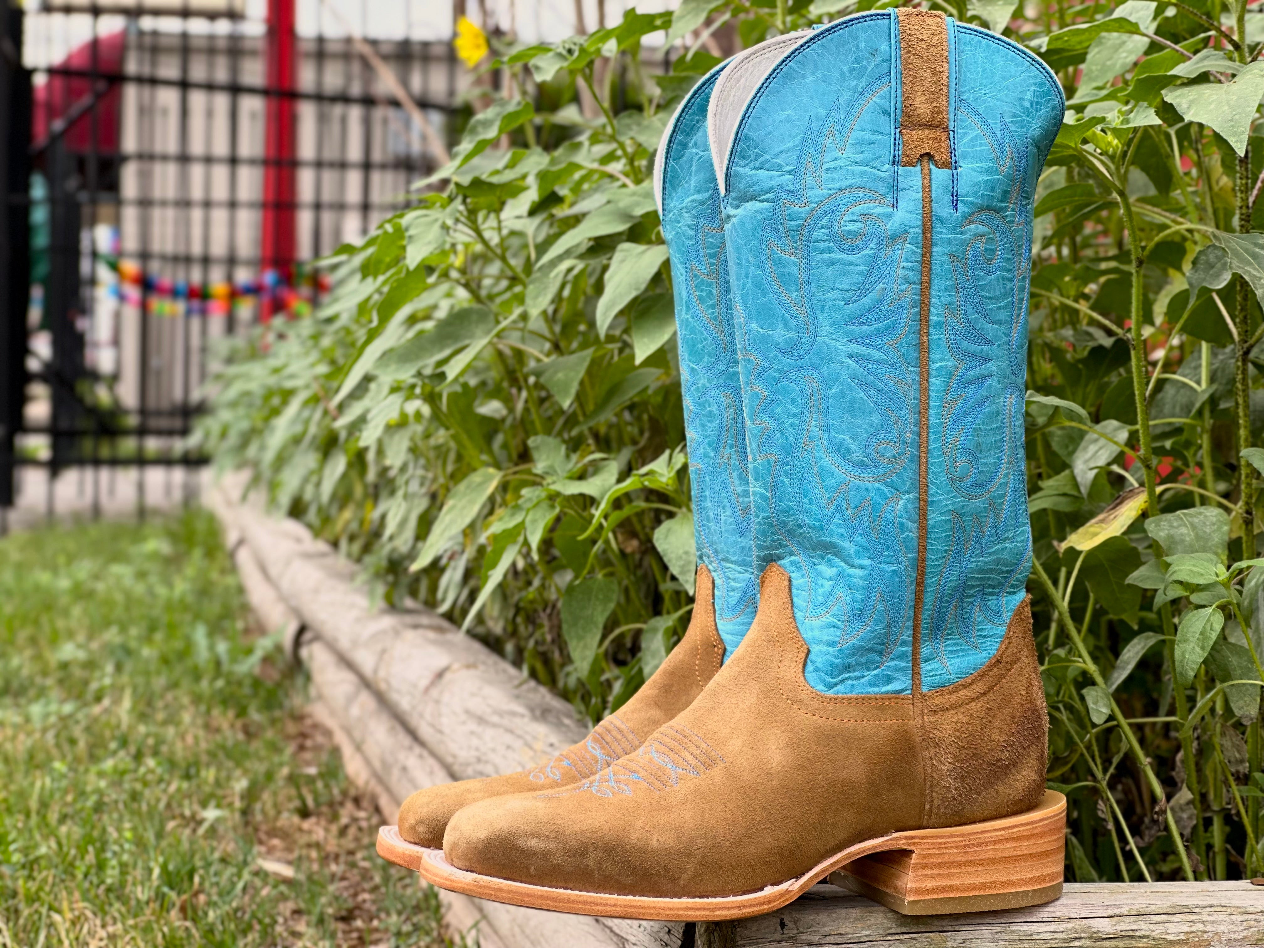 Men s Honey Rough Out Boots With Turquoise Shaft Texas Boot Ranch