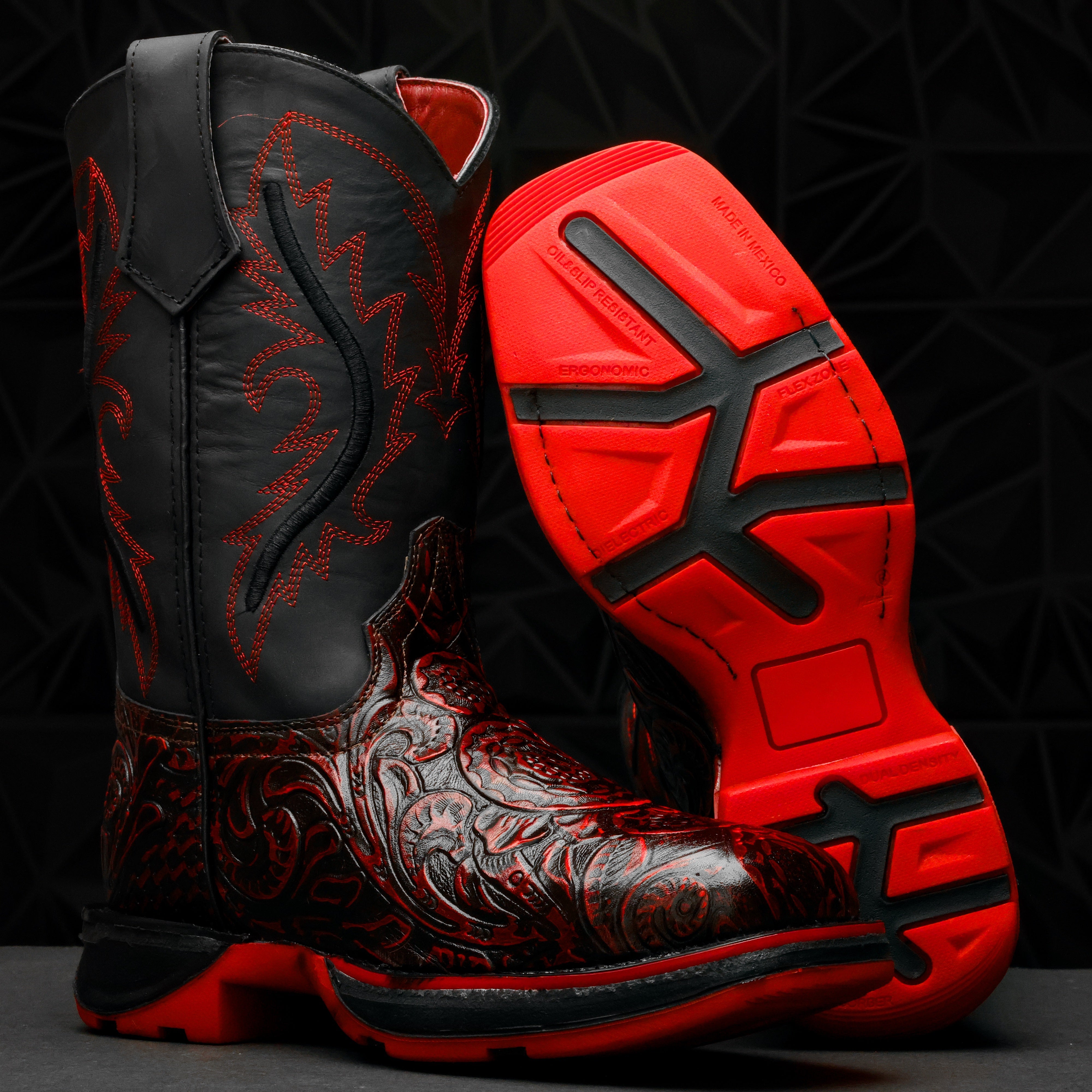 Black Cherry Hand-Tooled Leather Boots With 3D Lightweight Sole