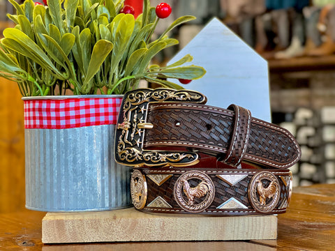 Men’s Brown Leather Belt With Rooster Concho