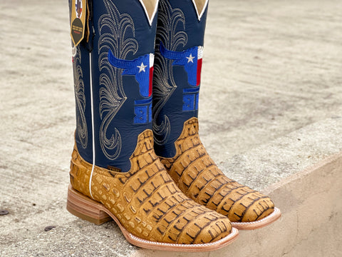 Men’s Butter Color Crocodile Horn-Back Leather Boots With Blue Shaft