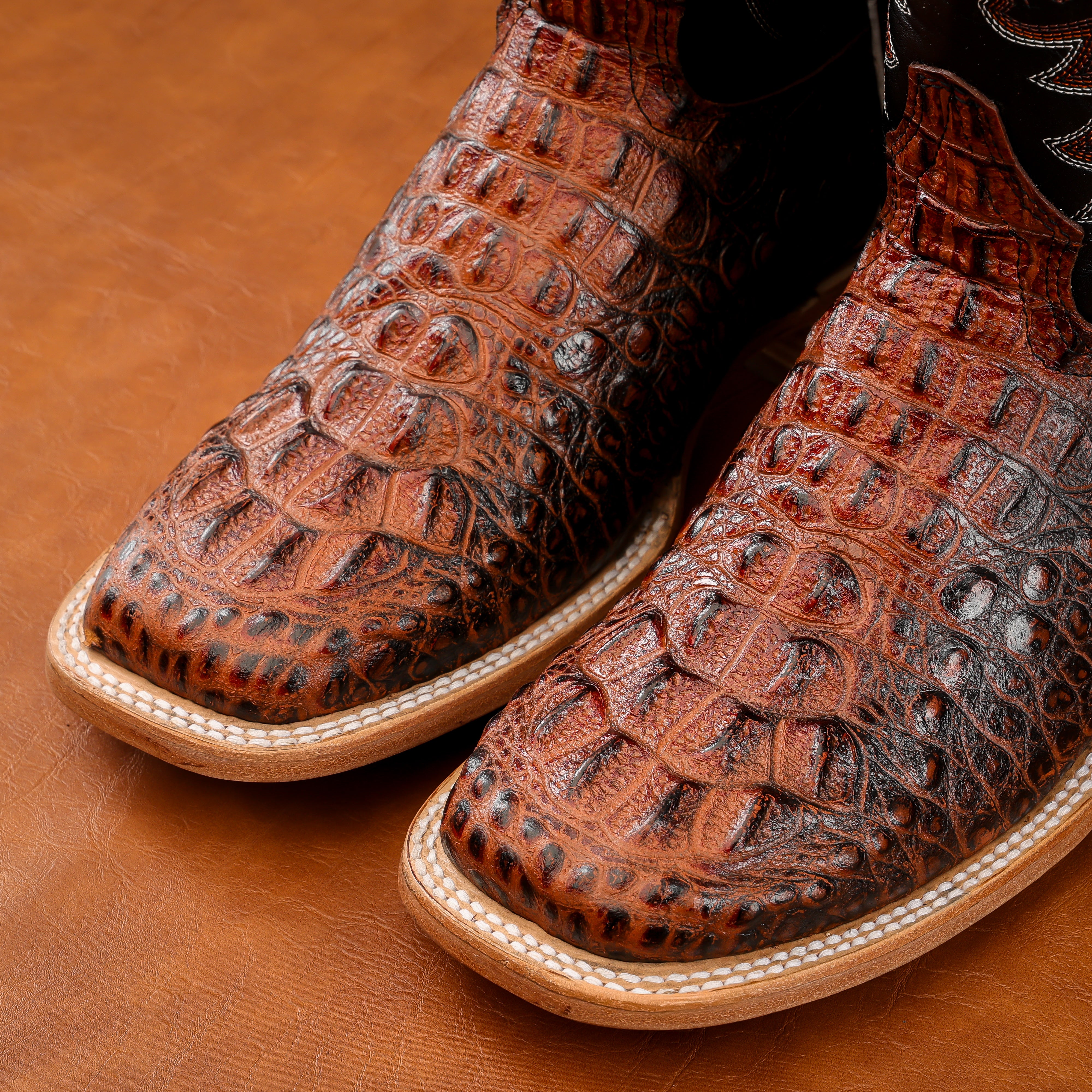Two-Tone Cognac Caiman Neck Leather Boots - Square Toe – Texas