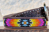 Brown Hand-Tooled Leather Artesanal Tabs With Silver Studs Colorful Beaded Belt