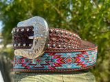 Brown Artesanal Tabs With Silver Studs. Multi Color Beaded Leather Belt.