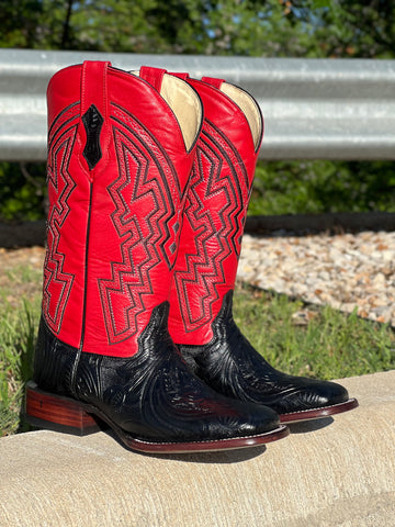 Men’s Black Hand-Tooled Leather Boots With Red Shaft