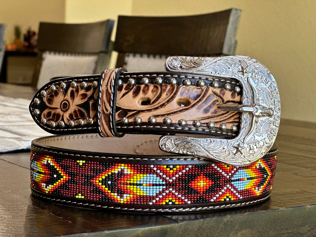 Tan Artesanal Tabs with Silver Studs. Multi Color Beaded Leather Belt. 42