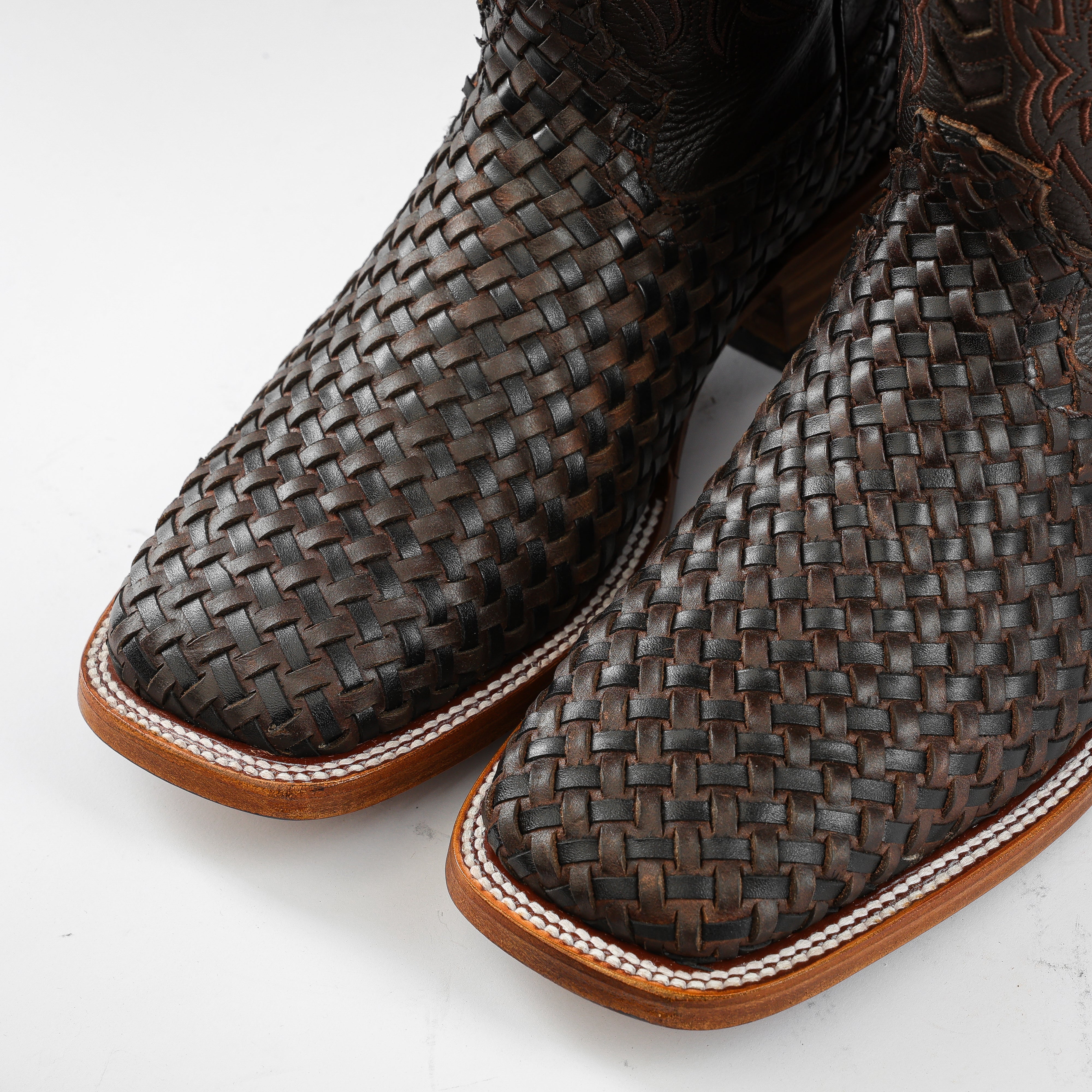 Chocolate Brown Basketweave Leather Boots - Square Tod – Texas