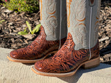 Men’s Cognac  Hand-Tooled Leather Boots With Grey Shaft
