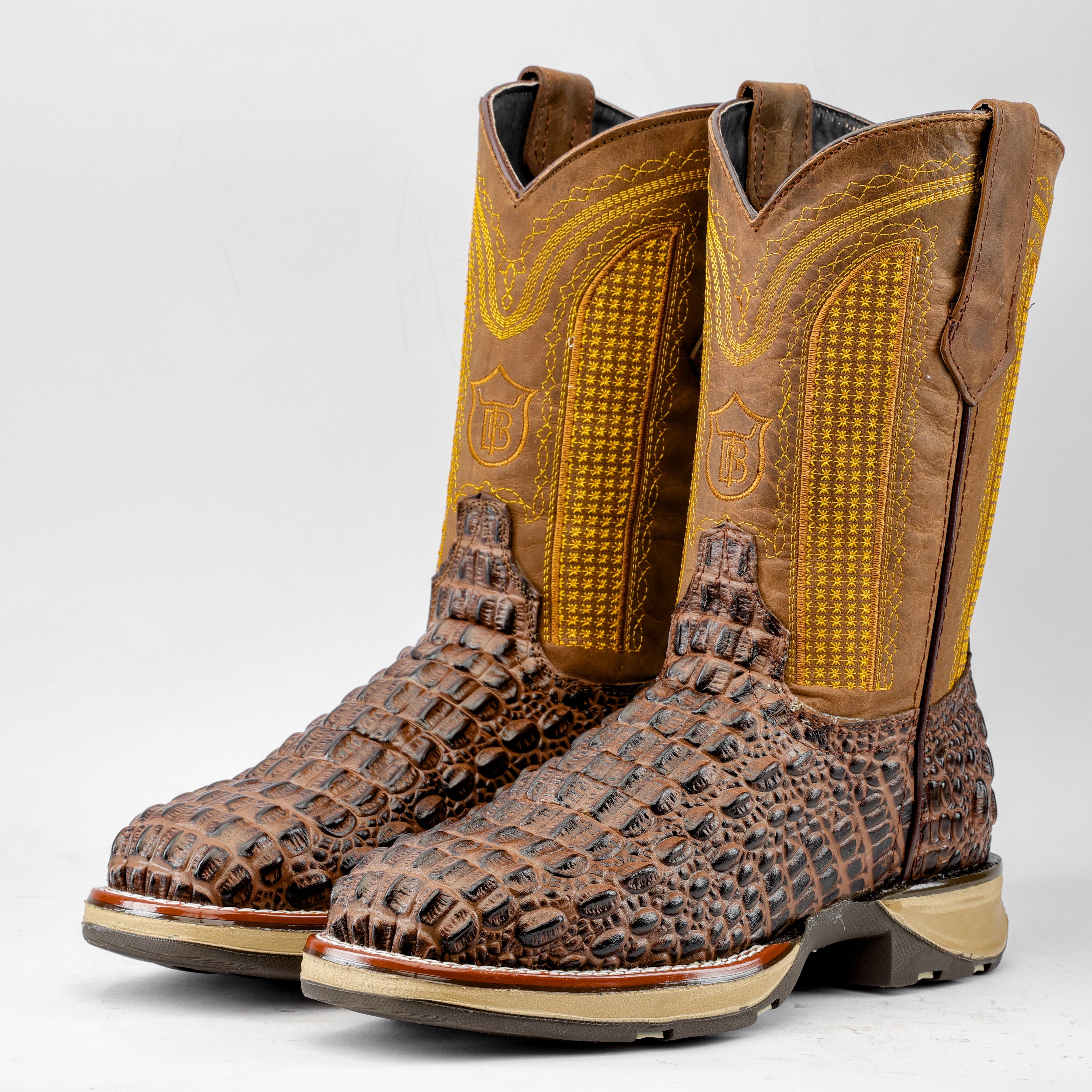 ＊BROWN＊ Brown Caiman Hornback Leather Boots With 3D Lightweight Sole