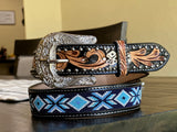 Black and Honey Dice Hand-Tooled Artesanal Tabs With Silver Studs Black and Blue Beaded Leather Belt