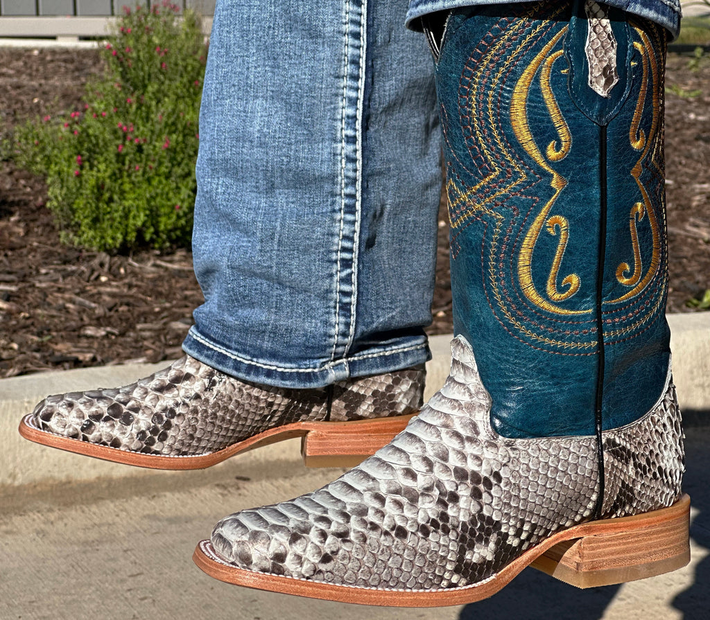 Men’s Natural Python Exotic Boots With Bule Shaft – Texas Boot Ranch