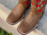 Women’s Honey Leather Boots With Red Roses Embroidery
