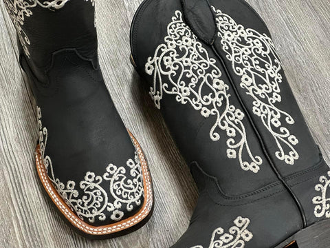 Women’s Black Leather Boots With White Floral Embroidery