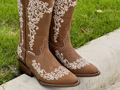 Women’s Light Brown Leather Boots With Floral Embroidery