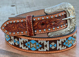 Cognac Hand-Tooled Artesanal Tabs With Silver Studs Brown and Turquoise Beaded Leather Belts