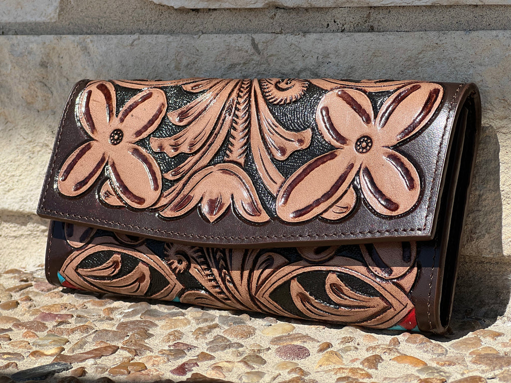 Front Pocket Hand Tooled Leather Wallet with Petite Flowers and Turquoise Border Antique Brown