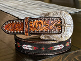 Black & Cognac Hand-Tooled Artesanal Tabs With Silver Studs Black Beaded Leather Belt