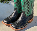Mens Black Ostrich With Green Shaft Leather Boots