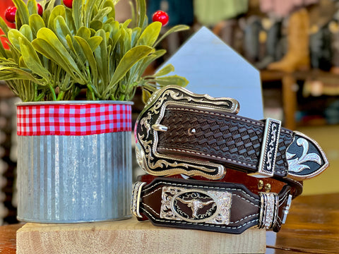 Men’s Brown And Black Leather Belt With Longhorn Concho