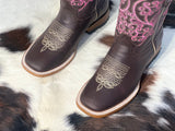Women’s Dark Brown Leather Boots With Pink Embroidery-Square Toe
