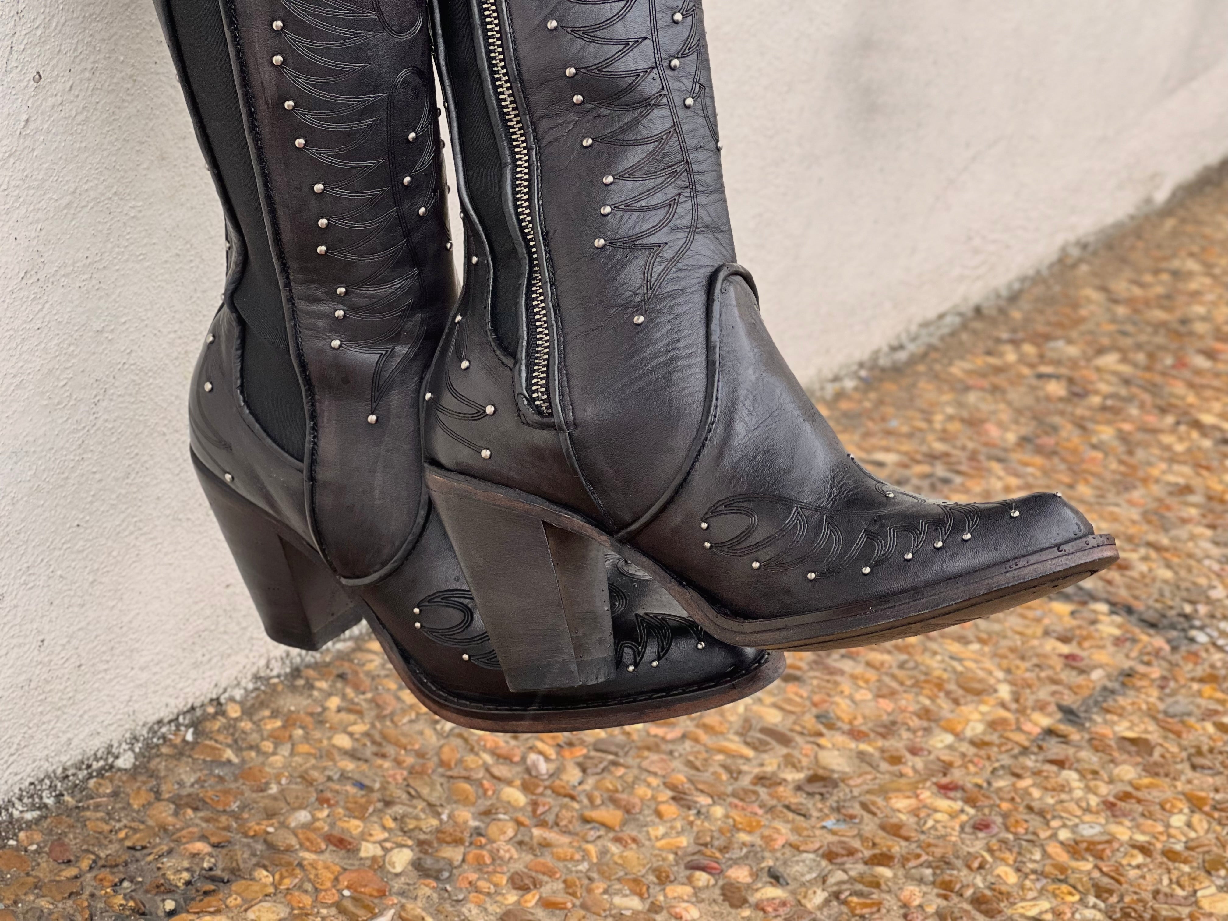 Women s Black Leather Boots With Silver Studs