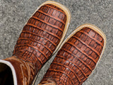 Men’s Cognac Crocodile Horn-Back Leather Work Boots