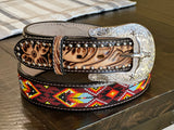 Black and Honey Hand-Tooled Artesanal Tabs With Silver Studs Burgundy and Yellow Beaded Leather Belt