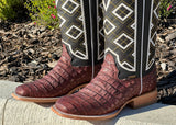 Men’s Wine  Crocodile Horn-Back Leather Boots With Black  Shaft