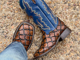 Men’s Honey Pirarucu Leather Boots With Blue/Rooster Shaft