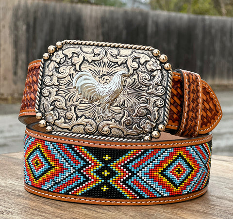 Hand-Tooled Artesanal Tabs With Aztec Multicolored Beaded Leather Belt