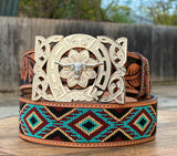 Hand-Tooled Artesanal Tabs With Mint Green and Maroon Beaded Leather Belt