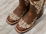 Women’s Brown Leather Boots With White Floral Embroidery