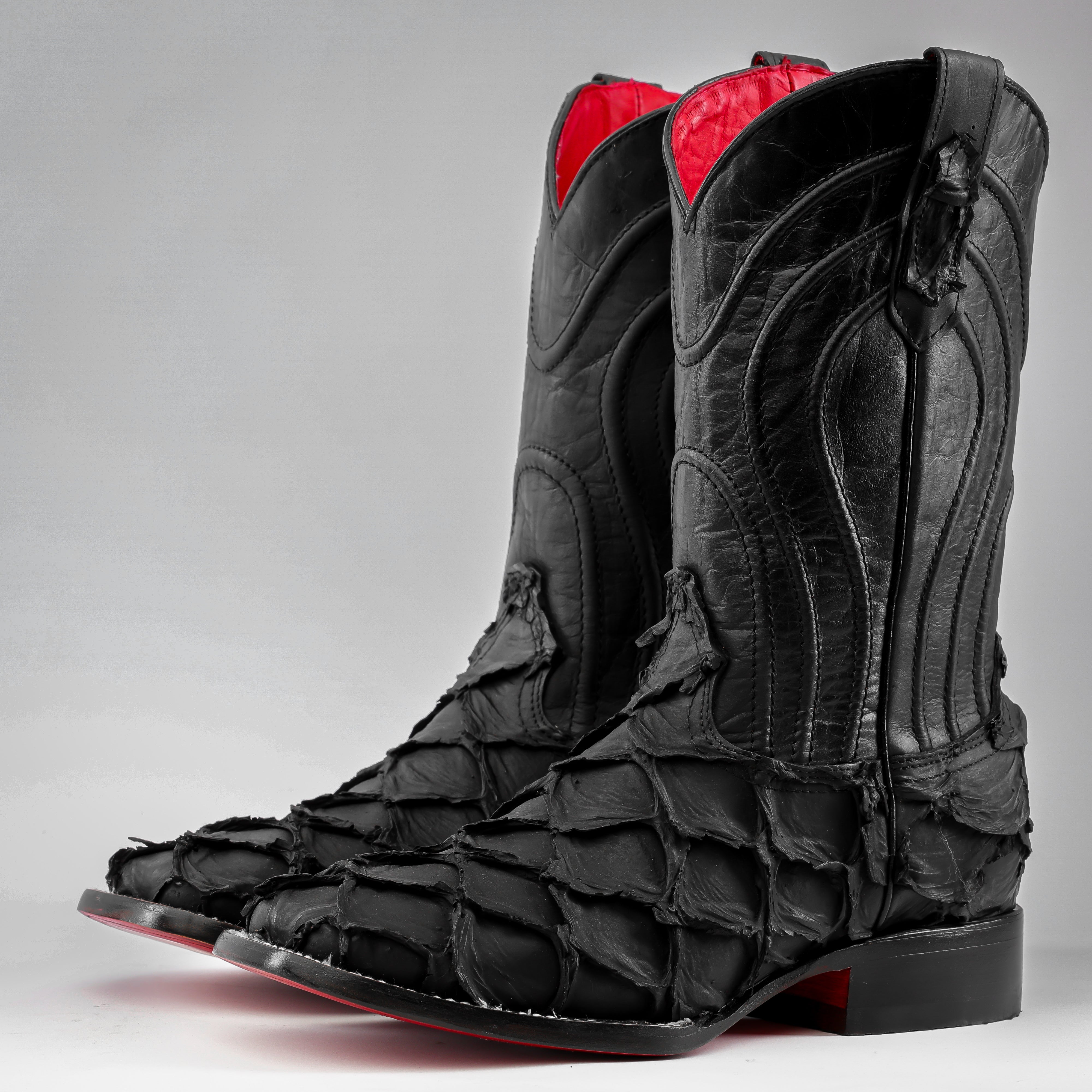 Matte Black Jumbo Pirarucu Leather Boots - Square Toe (TCY