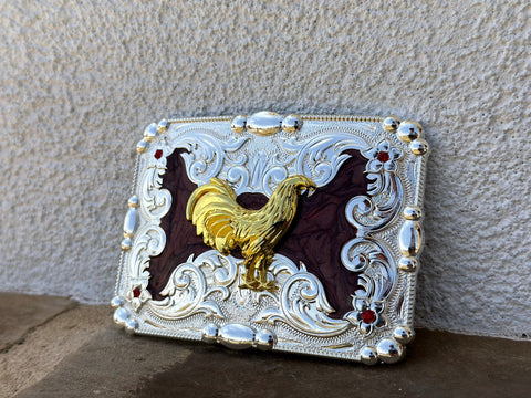 Brown and Silver Plated Buckle With Gold Rooster