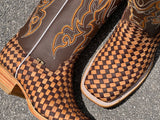 Men’s Honey Basket-Weave Leather Boots With Dark Brown Shaft
