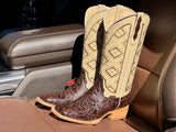 Men’s Chocolate Brown Hand-Tooled Leather Boots With Beige Shaft