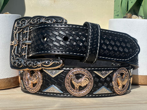 Men’s Black Leather Belt With Rooster Concho
