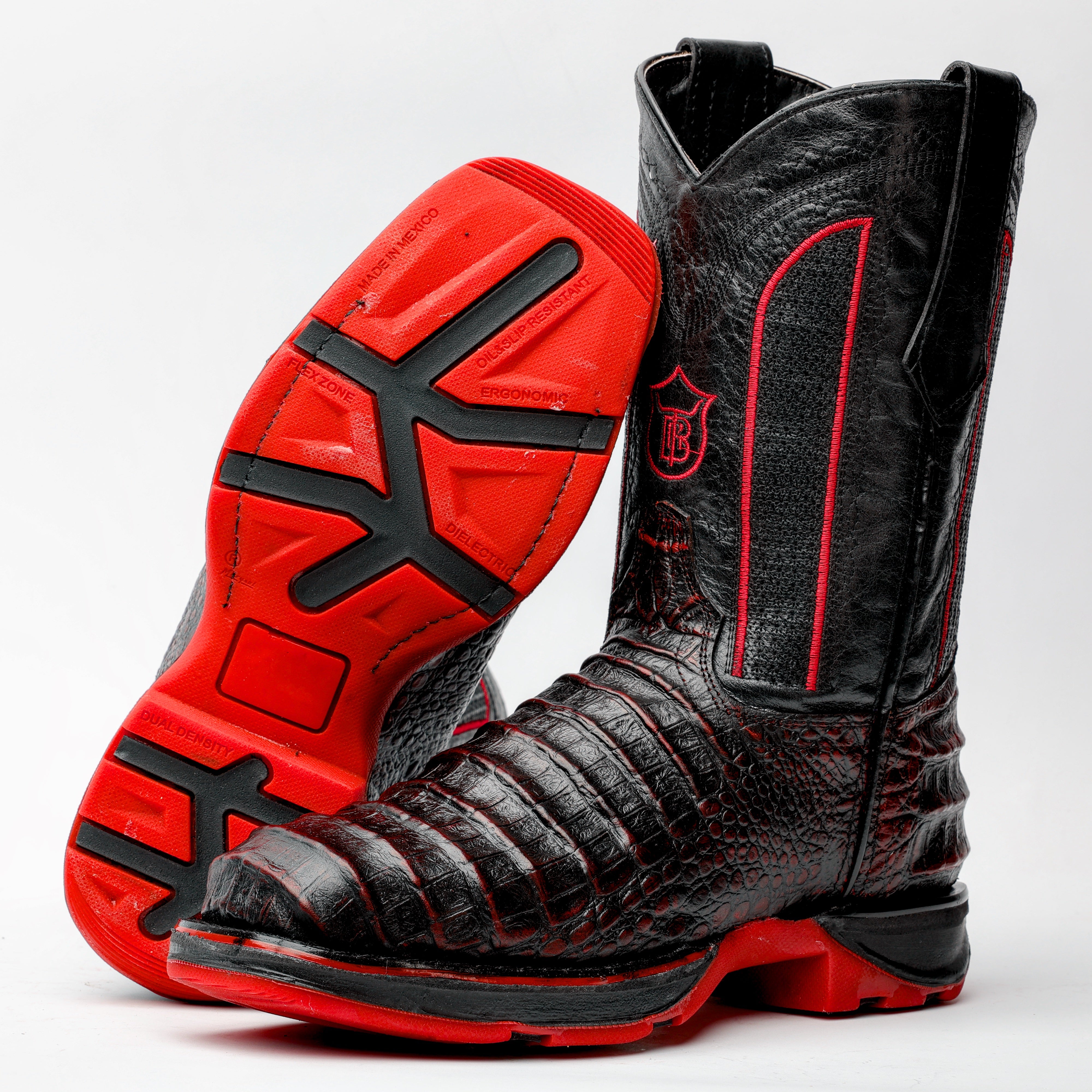 Black Cherry Caiman Belly Leather Boots With 3D Lightweight Sole