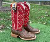 Men’s Honey Hand-tooled Leather Boots With Red Shaft