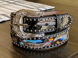 Black Hand-Tooled Artesanal With Silver Studs Feather Tooled With Blue Beaded Leather Belt