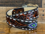 Hand-Tooled Artesanal Tabs With Black and Green Beaded Leather Belt ( Read Description Before Ordering)
